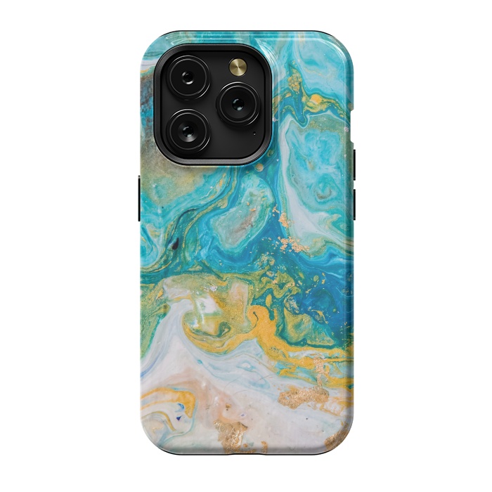 iPhone 15 Pro StrongFit Blue Acrylic Texture with Golden Marble Motifs by ArtsCase