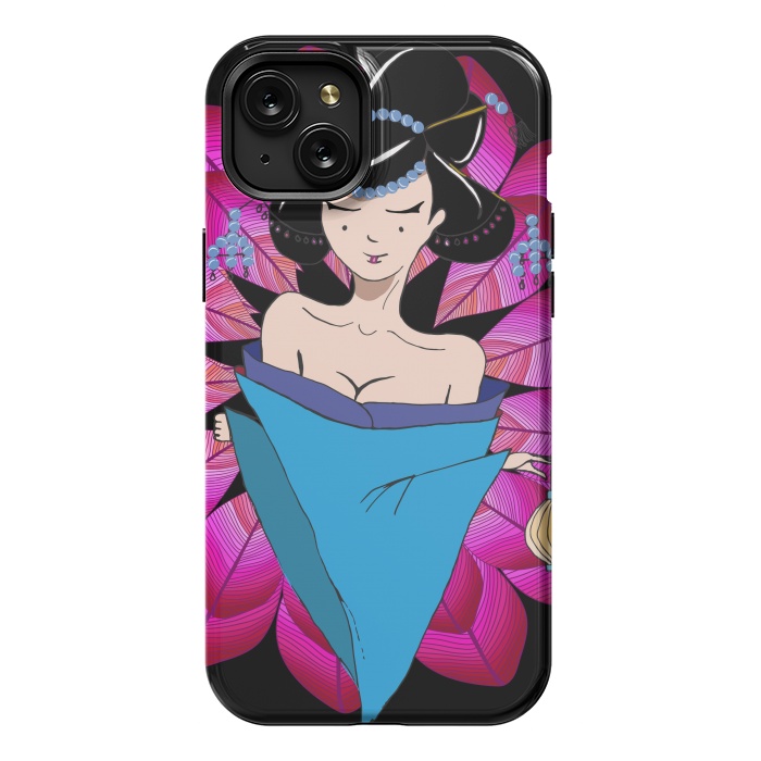 iPhone 15 Plus StrongFit Geisha Girl with Lantern on Leaves by ArtsCase