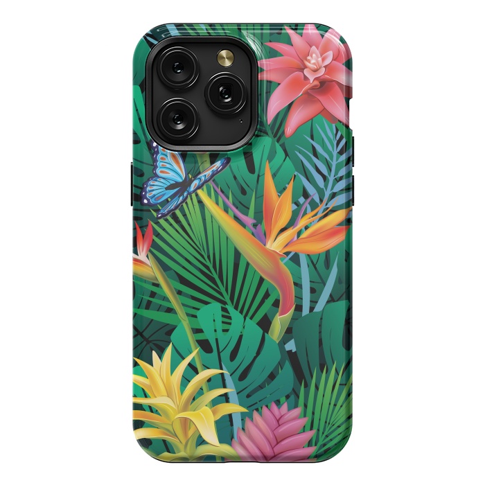 iPhone 15 Pro Max StrongFit Cute Tropical Floral Design Green Pink and Purple by ArtsCase