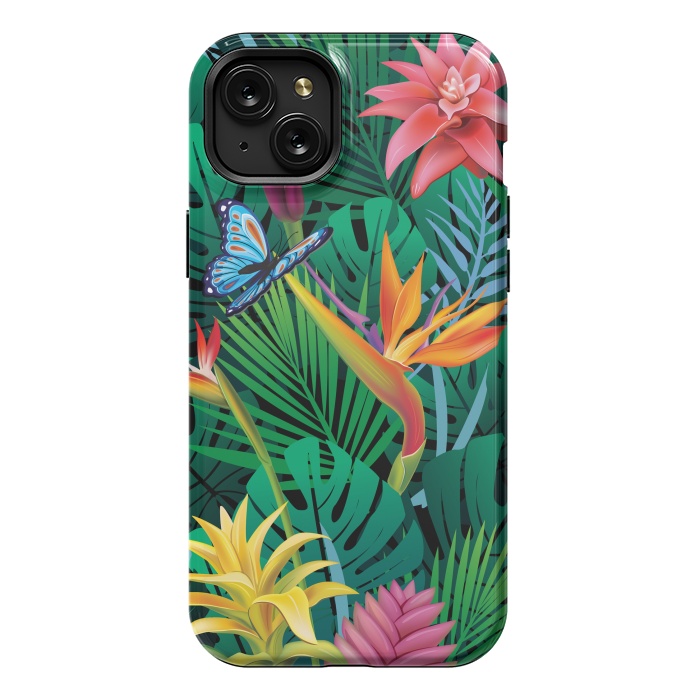 iPhone 15 Plus StrongFit Cute Tropical Floral Design Green Pink and Purple by ArtsCase