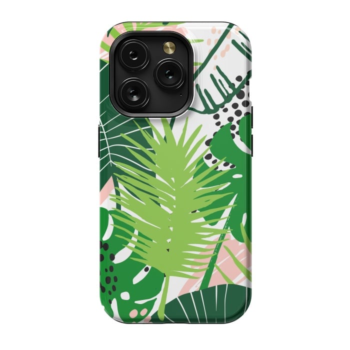 iPhone 15 Pro StrongFit Seamless Exotic Pattern with Green Tropical Leaves by ArtsCase