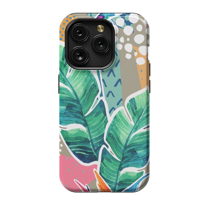 iPhone 15 Pro StrongFit Tropical Flowers Watercolors with Geometric Outline by ArtsCase
