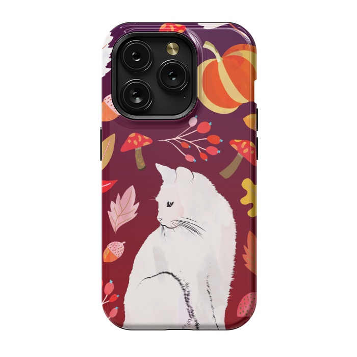 iPhone 15 Pro StrongFit White cat and autumn nature pattern by Oana 