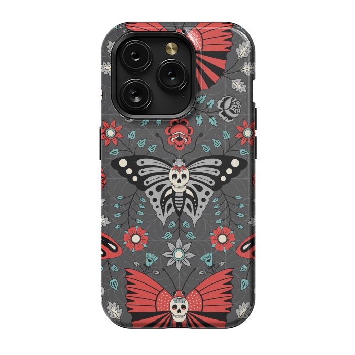 iPhone 15 Pro StrongFit Gothic Halloween Skulls, Butterflies Flowers on a dark gray background by Portia Monberg