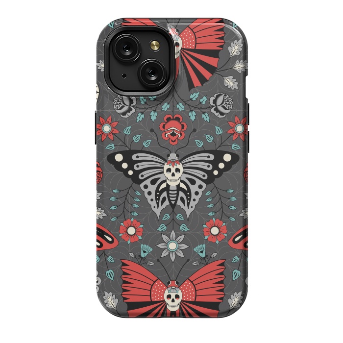 iPhone 15 StrongFit Gothic Halloween Skulls, Butterflies Flowers on a dark gray background by Portia Monberg