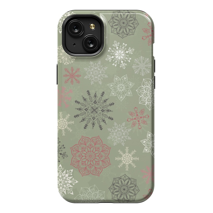 iPhone 15 Plus StrongFit Christmas Snowflakes on Dark Green by Paula Ohreen
