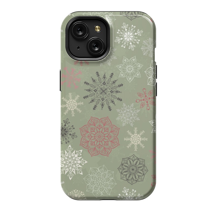 iPhone 15 StrongFit Christmas Snowflakes on Dark Green by Paula Ohreen