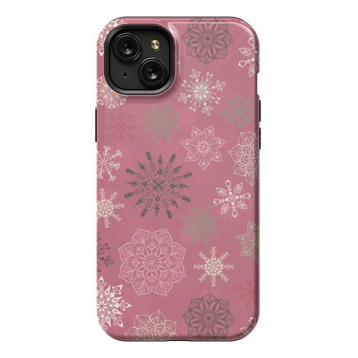 iPhone 15 Plus StrongFit Christmas Snowflakes on Pink by Paula Ohreen