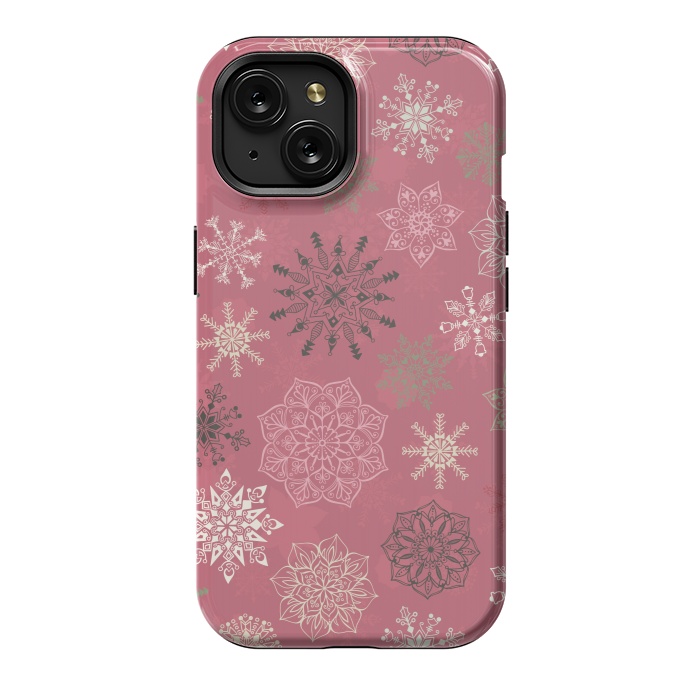 iPhone 15 StrongFit Christmas Snowflakes on Pink by Paula Ohreen