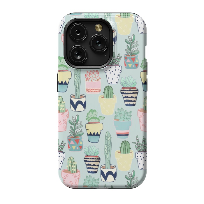 iPhone 15 Pro StrongFit Cute Cacti In Pots on Mint Green by Tangerine-Tane