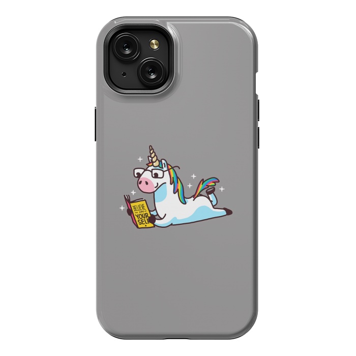 iPhone 15 Plus StrongFit Unicorn Reading Book Believe in Yourself Floor by Vó Maria