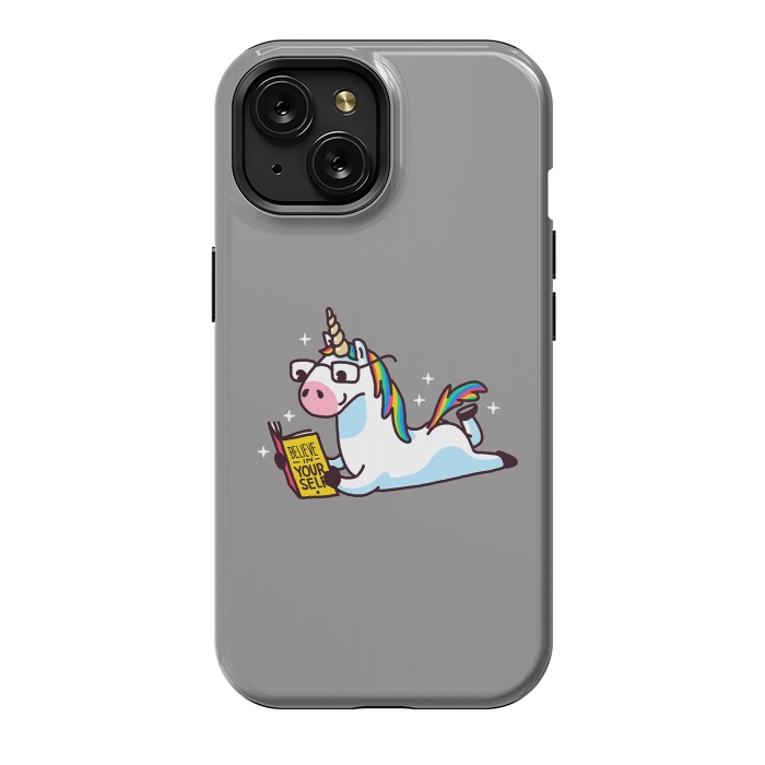 iPhone 15 StrongFit Unicorn Reading Book Believe in Yourself Floor by Vó Maria
