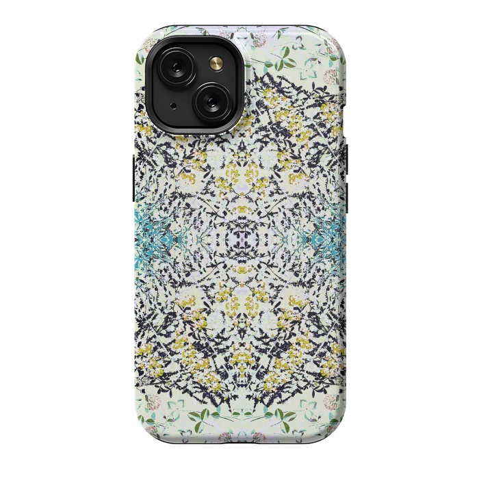 iPhone 15 StrongFit Yellow blue ditsy flowers and leaves pattern by Oana 