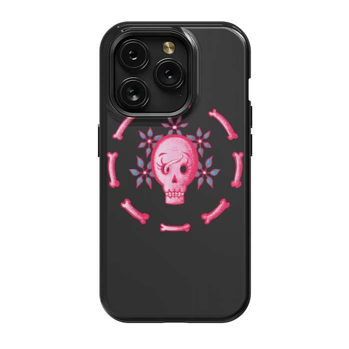 iPhone 15 Pro StrongFit Funny Skull In Pink With Flowers And Bones by Boriana Giormova