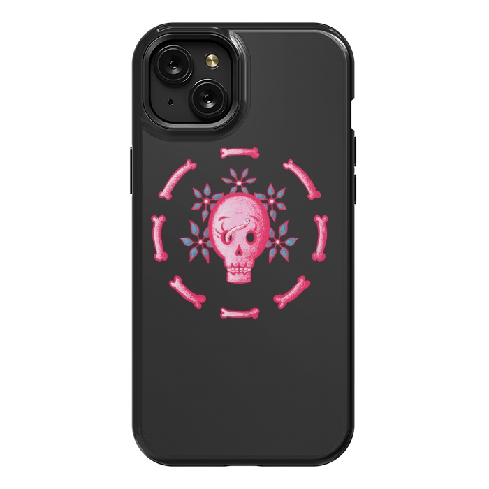 iPhone 15 Plus StrongFit Funny Skull In Pink With Flowers And Bones by Boriana Giormova