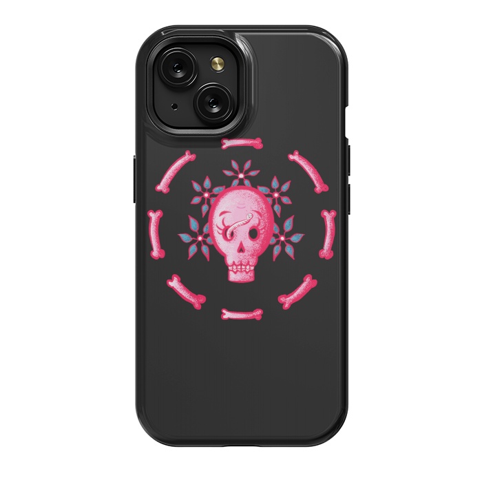 iPhone 15 StrongFit Funny Skull In Pink With Flowers And Bones by Boriana Giormova