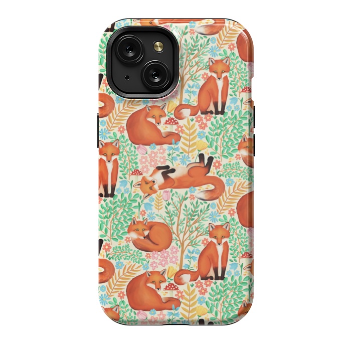 iPhone 15 StrongFit Little Foxes in a Fantasy Forest on Cream by Tangerine-Tane