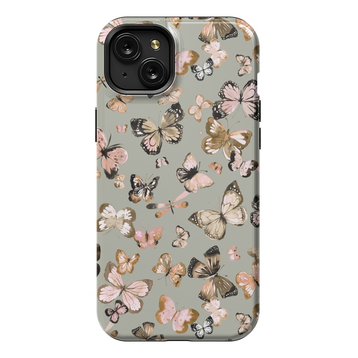 iPhone 15 Plus StrongFit Watercolor Butterflies Beige Gold by Ninola Design