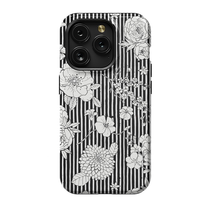 iPhone 15 Pro StrongFit Flowers and Stripes Black and White by Ninola Design