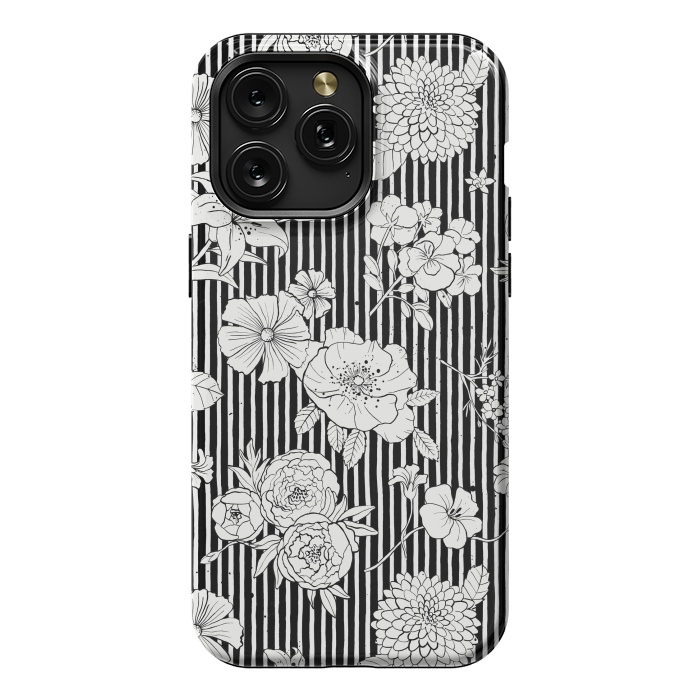 iPhone 15 Pro Max StrongFit Flowers and Stripes Black and White by Ninola Design