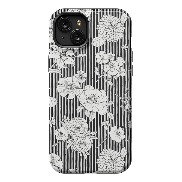 iPhone 15 Plus StrongFit Flowers and Stripes Black and White by Ninola Design
