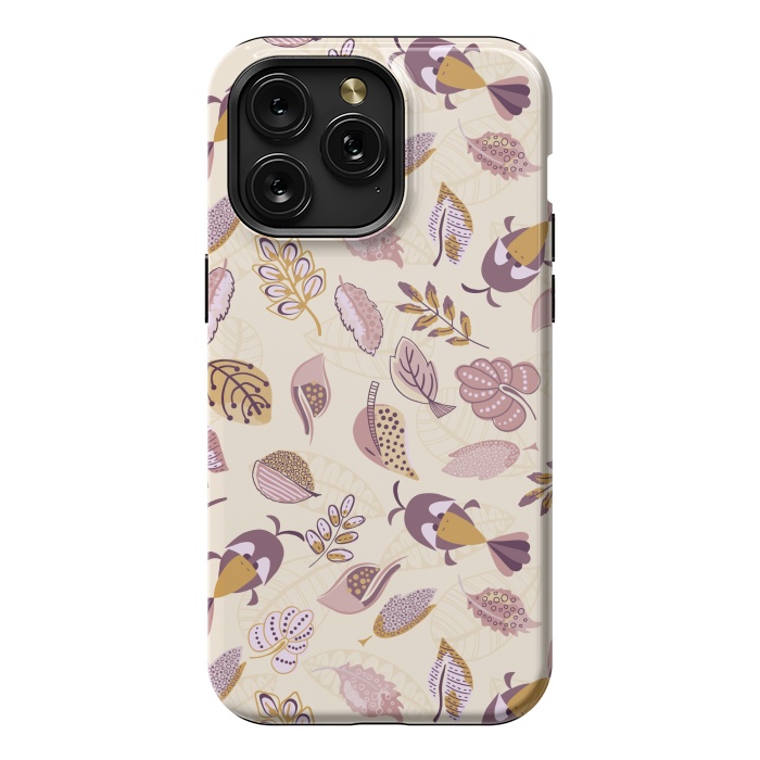 iPhone 15 Pro Max StrongFit Cute parrots in a fun tossed pattern with funky leaves in purple and mustard by Paula Ohreen