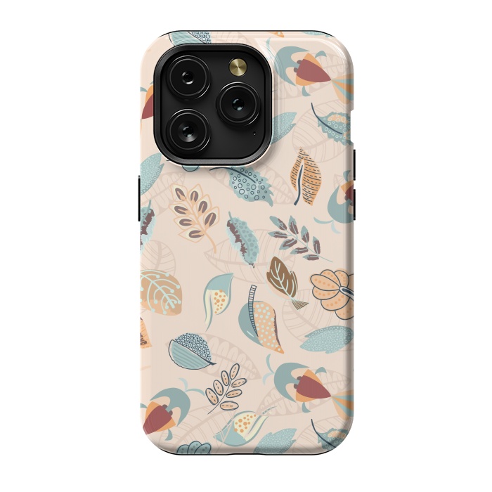 iPhone 15 Pro StrongFit Cute parrots in a fun tossed pattern with funky leaves in blue and red by Paula Ohreen