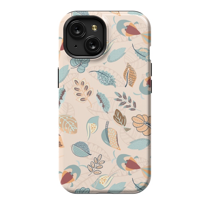 iPhone 15 StrongFit Cute parrots in a fun tossed pattern with funky leaves in blue and red by Paula Ohreen