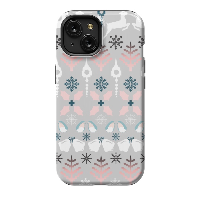 iPhone 15 StrongFit Christmas Fair Isle in Grey, Pink and Blue by Paula Ohreen