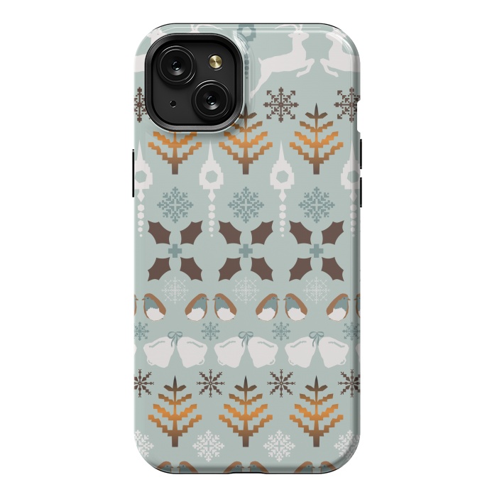 iPhone 15 Plus StrongFit Fair Isle Christmas in blue and brown by Paula Ohreen