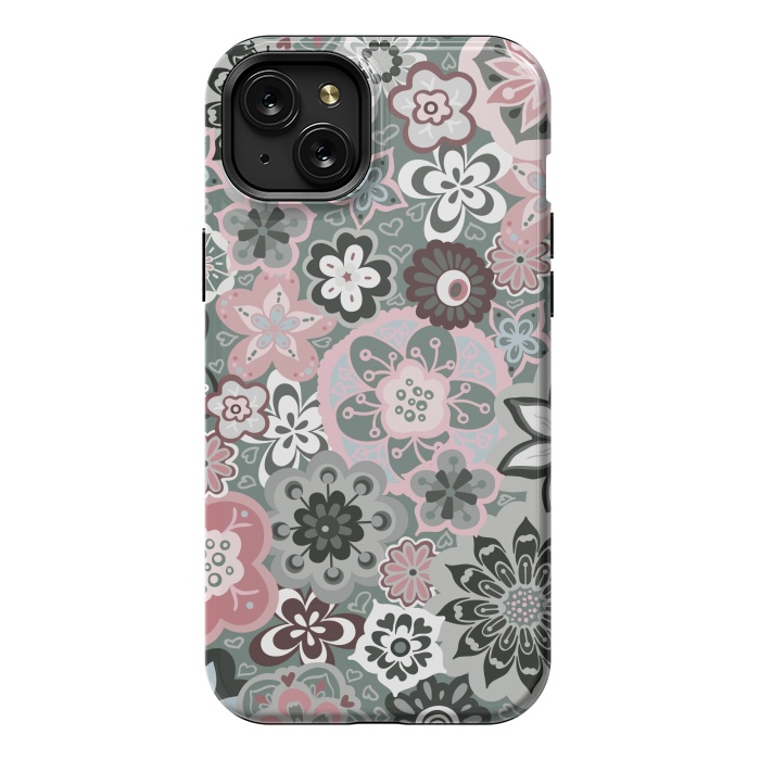 iPhone 15 Plus StrongFit Beautiful Bouquet of Blooms-Dark Grey and Pink by Paula Ohreen