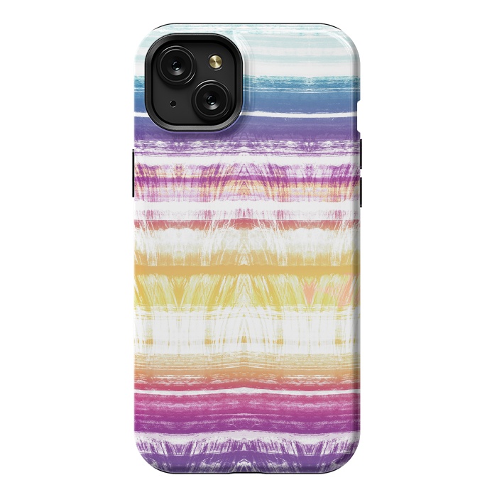 iPhone 15 Plus StrongFit Rainbow brushed ethnic tie dye stripes by Oana 