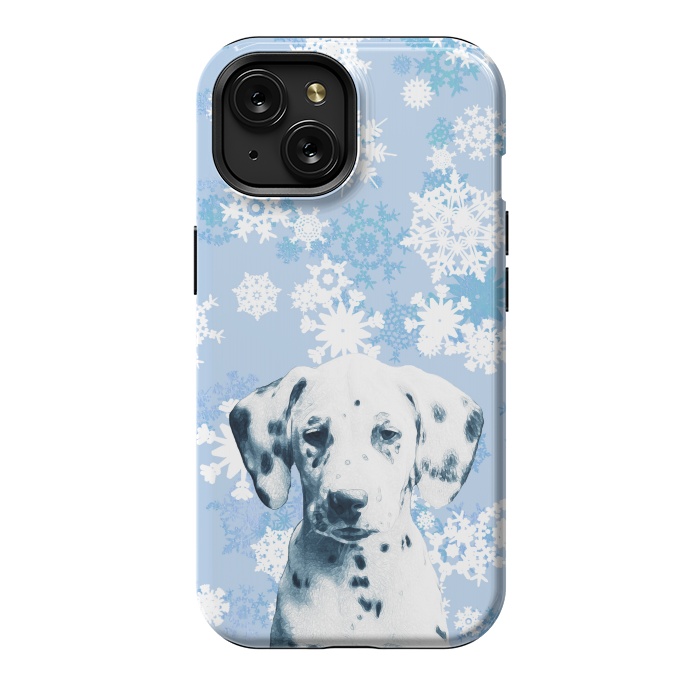 iPhone 15 StrongFit Cute dalmatian and blue white snowflakes by Oana 