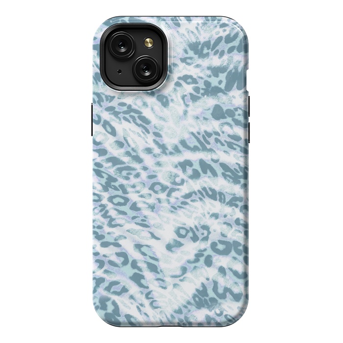 iPhone 15 Plus StrongFit Baby blue brushed leopard print and tiger stripes by Oana 