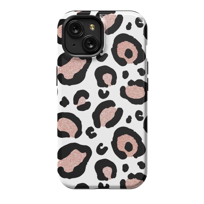 iPhone 15 StrongFit Rose Gold Glitter Leopard Print by Julie Erin Designs
