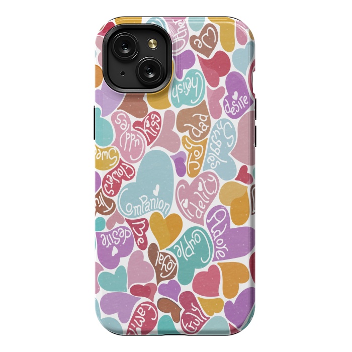 iPhone 15 Plus StrongFit Multicolored Love hearts with loving words by Paula Ohreen