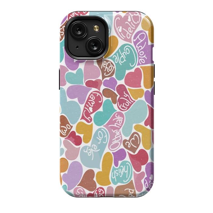 iPhone 15 StrongFit Multicolored Love hearts with loving words by Paula Ohreen
