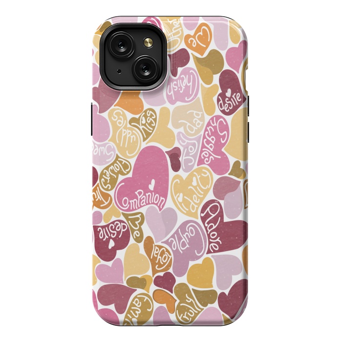 iPhone 15 Plus StrongFit Love hearts with loving words in pink and orange by Paula Ohreen