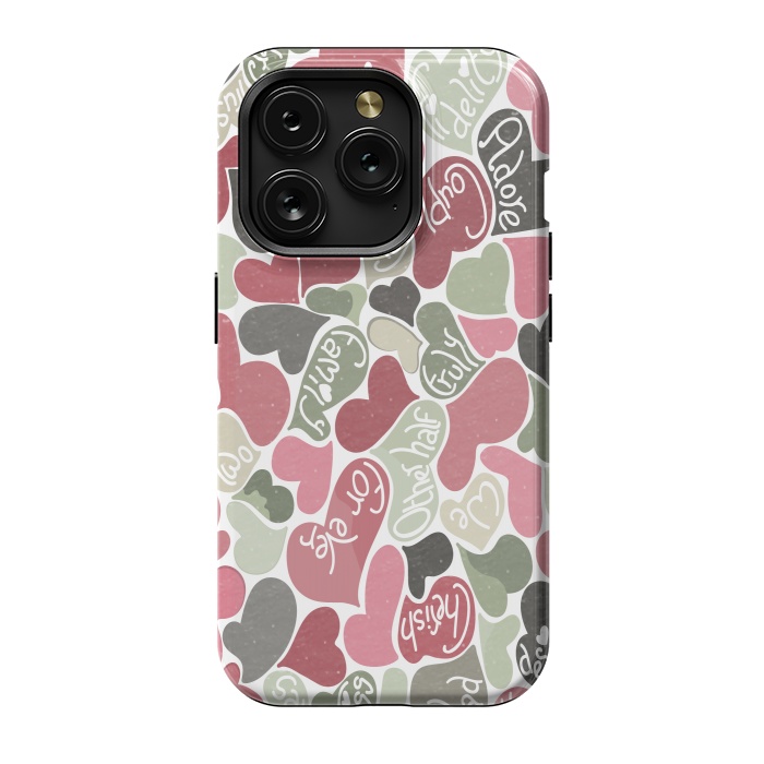 iPhone 15 Pro StrongFit Love hearts with loving words in pink and green by Paula Ohreen