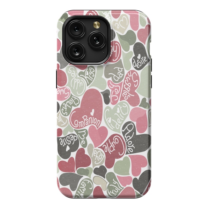 iPhone 15 Pro Max StrongFit Love hearts with loving words in pink and green by Paula Ohreen