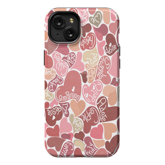 iPhone 15 Plus StrongFit Love hearts with loving words in red and beige by Paula Ohreen