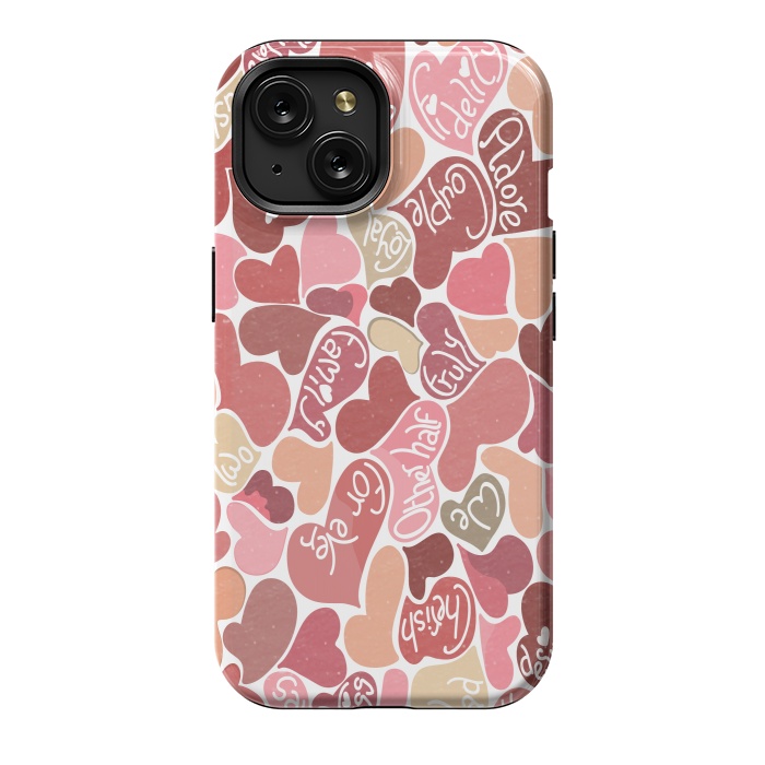 iPhone 15 StrongFit Love hearts with loving words in red and beige by Paula Ohreen