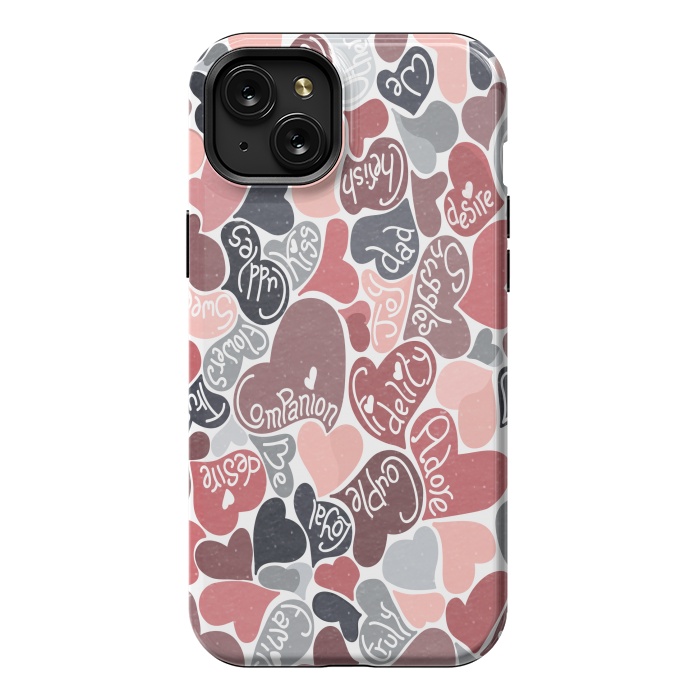 iPhone 15 Plus StrongFit Love hearts with loving words in pink and grey by Paula Ohreen