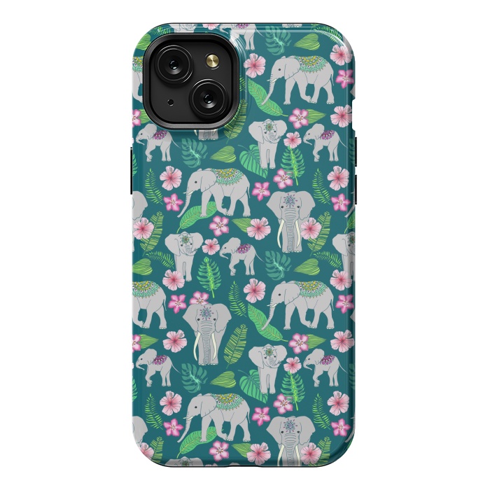 iPhone 15 Plus StrongFit Elephants of the Jungle on Green by Tangerine-Tane