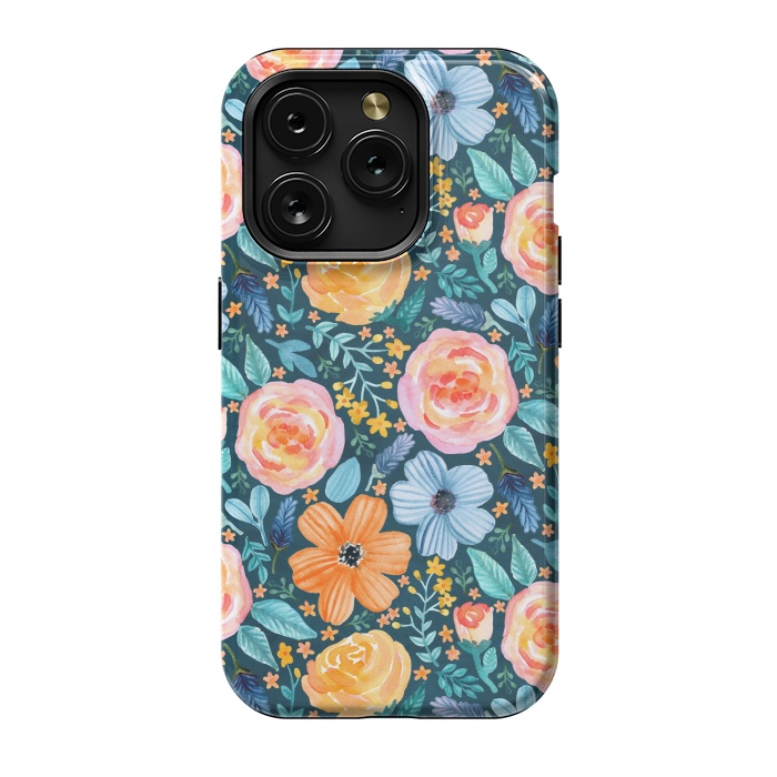 iPhone 15 Pro StrongFit Bold Blooms on Dark Teal by Tangerine-Tane
