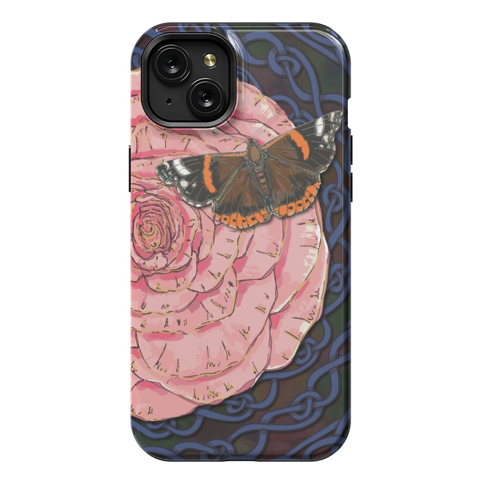 iPhone 15 Plus StrongFit Pink Rose and Butterfly by Lotti Brown