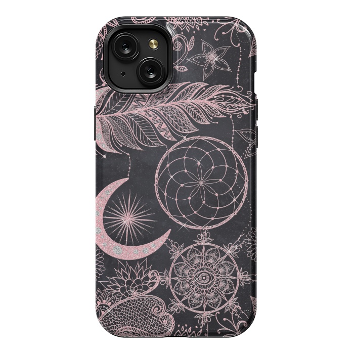 iPhone 15 Plus StrongFit Rose Gold Glitter Dreamcatcher Feathers Mandala by InovArts