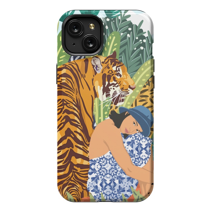 iPhone 15 Plus StrongFit Awaken The Tiger Within Illustration, Wildlife Nature Wall Decor, Jungle Human Nature Connection by Uma Prabhakar Gokhale