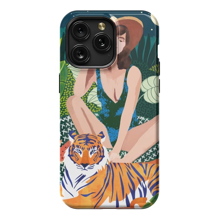 iPhone 15 Pro Max StrongFit Living In The Jungle, Tiger Tropical Picnic Illustration, Forest Woman Bohemian Travel Camp Wild by Uma Prabhakar Gokhale
