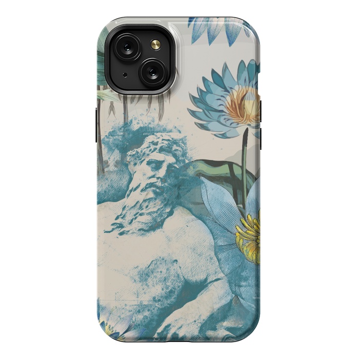 iPhone 15 Plus StrongFit Statue, tropical leaves, lotus petals - retro collage by Oana 